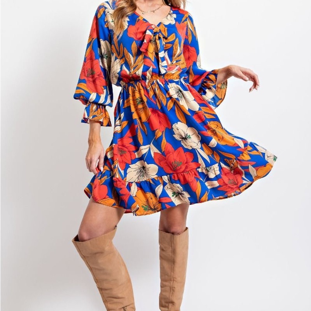 Vibrant Floral Mini Dress in Blue and Red